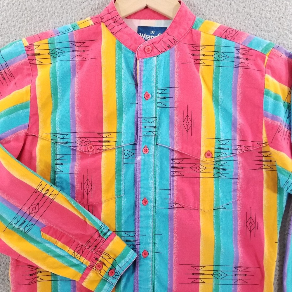Vtg Wrangler Shirt Boys Youth 18 Western Rodeo Cowboy Band Collar Brushpopper